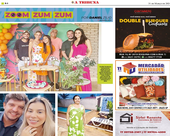 ZOOM ZUM ZUM: os aniversários foram os destaques na coluna desta semana no Jornal A Tribuna
